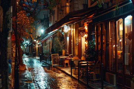 romantic Paris street at night with cozy lights, cafe terraces and restaurants after the rain