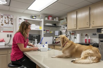 vet doctor with golden retriever at veterinary clinic before doing tests and medical assistance