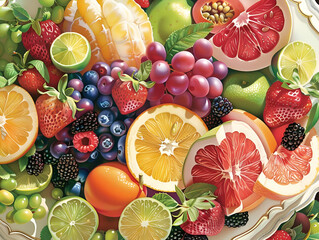 A vibrant assortment of fresh fruits including berries, citrus, and grapes, showcasing a colorful and healthy variety of nature's bounty.
