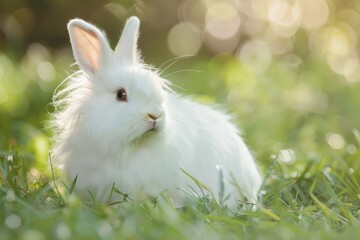 white bunny rabbit pet in the garden on green grass with copy space