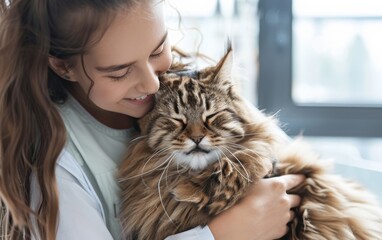 girl  holding her Maine coon cat at veterinary clinic to to vaccine or for emergency, or at home