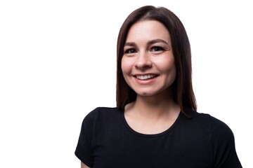 Fototapeta premium Caucasian cute young woman with black hair on white background