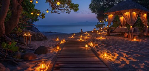 A wooden pathway decorated with small lamps leading to a beachside gazebo set up for a night party. - Powered by Adobe