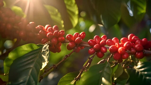 coffee tree with complete leaves and seeds on the tree