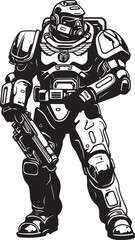 Army Man with Weapon Badge Military Futuristic Illustration Futuristic War Robot Badge Soldier with Weapon Design
