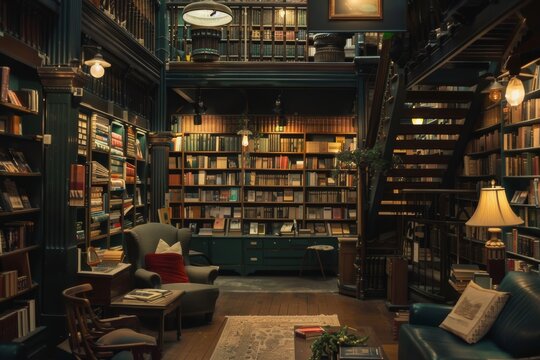 vintage books in library interior design - cozy bookstore inside view