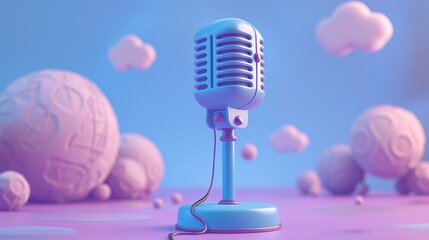 Blue vintage microphone in a whimsical, pastel-colored landscape with floating clouds and abstract shapes. Retro aesthetics with a dreamy vibe. 3D Illustration.