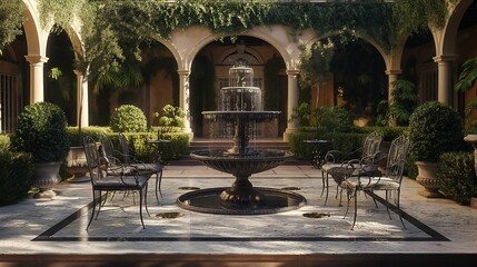 An elegant patio with marble flooring, wrought iron furniture, and a grand fountain centerpiece surrounded by manicured hedges and topiaries.