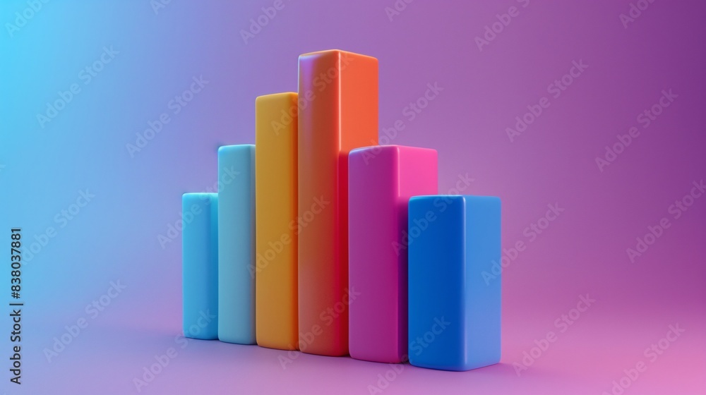 Poster colorful 3d bar chart graph on a gradient background, representing data visualization, analytics, an