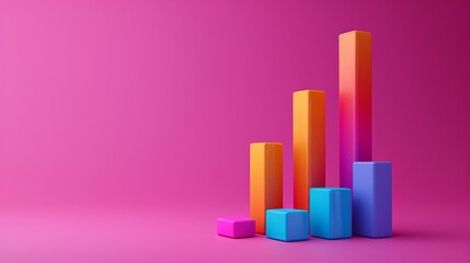 Colorful 3D bar graph on a vibrant pink background illustrating growth, data analysis, business metrics, and market trends. 3D Illustration.
