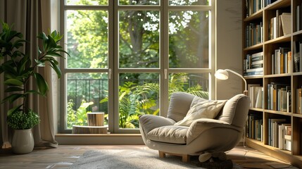 An inviting reading nook with a plush armchair nestled beside a tall window, offering a glimpse of greenery outside.