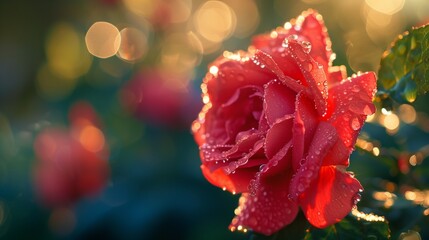 A close-up of dew-kissed petals of a vibrant red rose in the morning light.