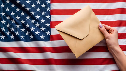 Obraz premium Hand holding envelope in front of American flag. USA voting and election. Democracy and patriotism.