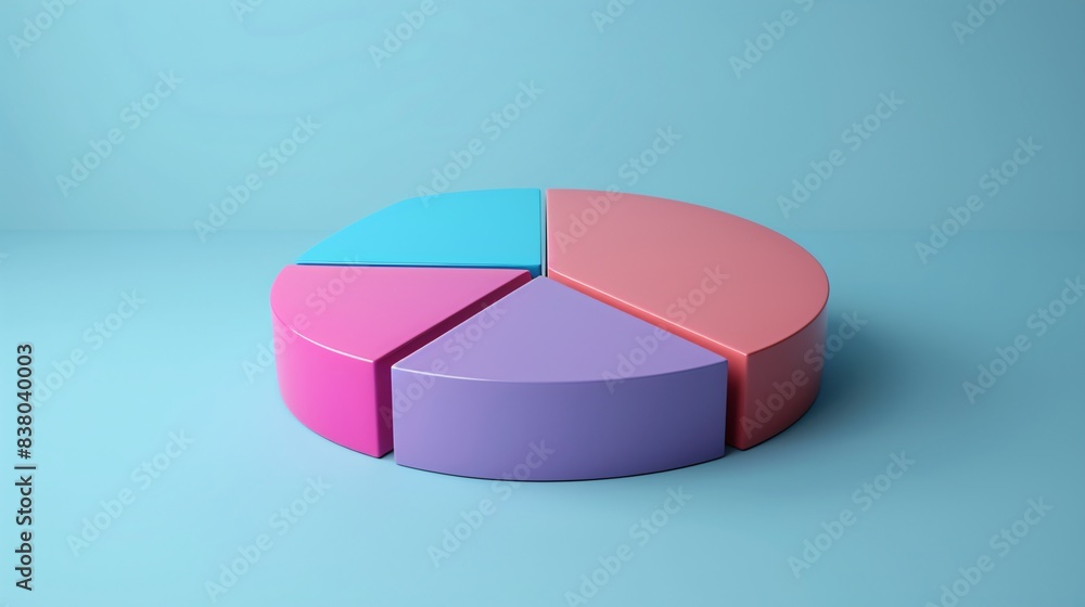 Poster colorful 3d pie chart on blue background representing statistical data analysis, suitable for busine