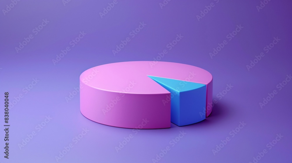 Poster colorful 3d pie chart on purple background showing data visualization, with a blue slice indicating 