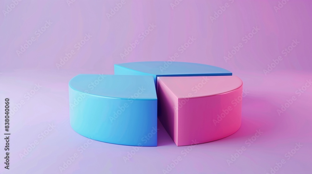 Poster colorful 3d pie chart with blue and pink segments, representing data analysis and business statistic