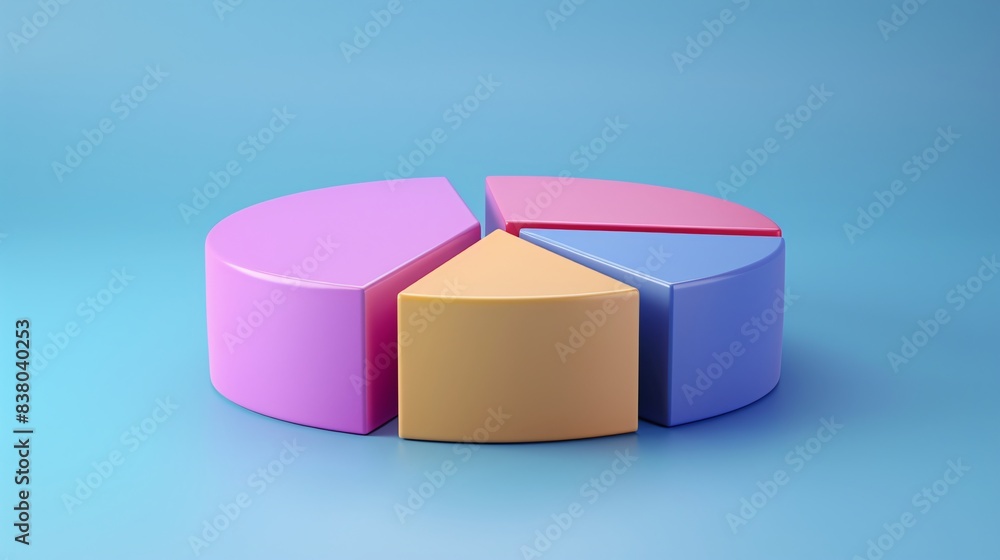 Poster colorful 3d pie chart with four segments on blue background, showing data visualization and business