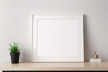 Diseño interior escandinavo de sala de estar con consola de madera, anillos en la pared, marco de póster simulado, flores en jarrón y elegantes accesorios personales	
