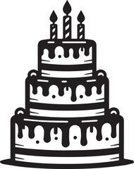 Three Tier Birthday Cake Vector Illustration Silhouette.  Desert with Candle Chocolate Cream Icing Bakery