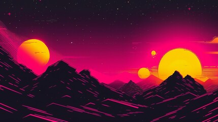 Digital retro landscape 1980's style retro wave sunset and mountain. Futuristic cyber surface. 80s Retro Sci-Fi background. View illustration in retro futuristic in the style of the 80-90s.