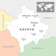 Kosovo political map marked with capital Pristina and national borders and most important cities