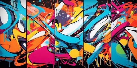 Obraz premium Abstract graffiti poster with colorful tags, paint splatter, scribbles and fragments. Generative AI technology