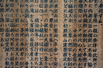 Ancient Japanese writing on a wooden wall