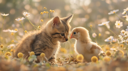 Fototapeta premium Adorable Baby Chicken and Kitten Engaging in Playful Interaction, Showcasing Unlikely Friendship, Innocence, and Joy, Cute Companionship, Animal Bonding, Heartwarming Scene, Playful Moment