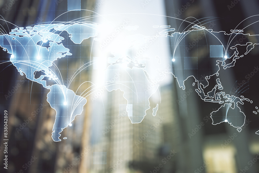 Poster double exposure of abstract digital world map hologram with connections on blurry cityscape backgrou