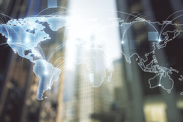 Double exposure of abstract digital world map hologram with connections on blurry cityscape background, big data and blockchain concept