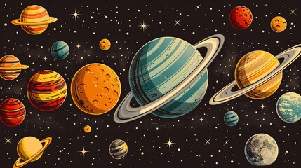 breathtaking view colorful galaxy space and planets set on dark background illustration, colorful planetary satellites on a black background