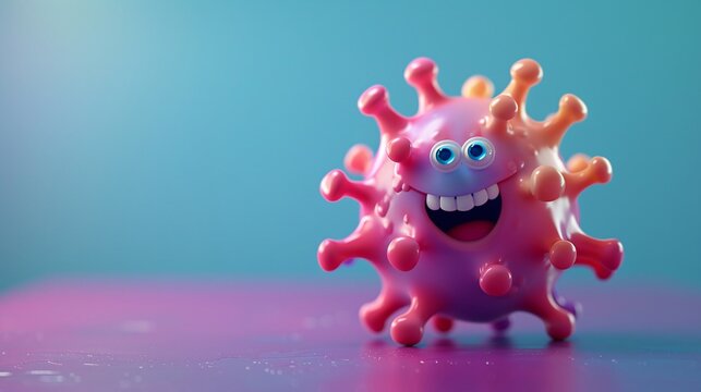 Colorful, smiling virus toy figure against a blue background, representing a playful take on microscopic organisms and health themes. 3D Illustration.