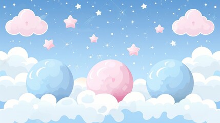 colorful star and planets set with cloud on blue background background illustration, colorful sky with blue and pink planet
