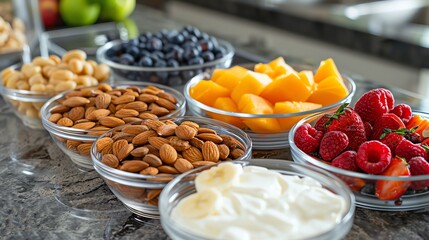 Fototapeta premium Assortment of healthy breakfast toppings, including almonds, blueberries, fruit, and yogurt.
