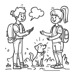 Fototapeta premium Cartoon Kids Chatting with Dog: Back-to-School Friends, Phone & Speech Bubble Sketch.