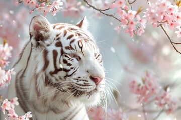 A gorgeous sakura garden with a white tiger in the background, Generative AI. © afif