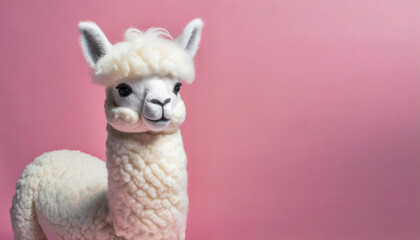 Fototapeta premium Soft alpaca plushie doll. Craft crocheted toy for kids. Handmade llama standing on pink background.