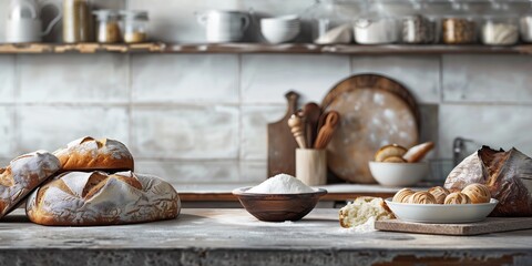Rustic Kitchen Scene with Freshly Baked Bread and Baking Ingredients