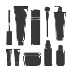 Monochrome Cosmetic Silhouettes: Beauty Product Icons, Vector Set