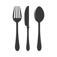 Simple Dark Cutlery Trio: Fork, Knife, and Spoon Icon Set on White