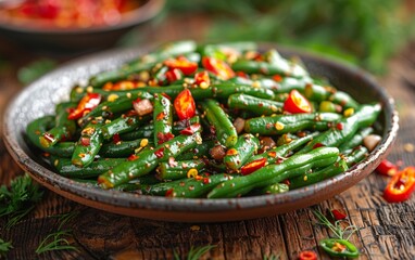 A bowl of green beans with meat and spices