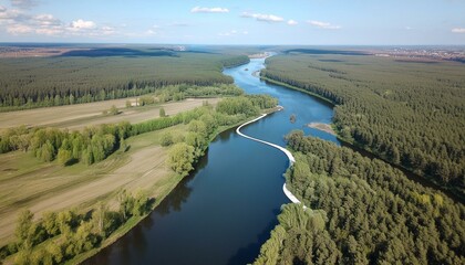 Serene Aerial View: A Snake-Like River Winding Through a Lush Forest"