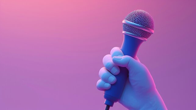 Hand holding a microphone against vibrant pink and purple background, symbolizing music, podcasting, and public speaking. 3D Illustration.