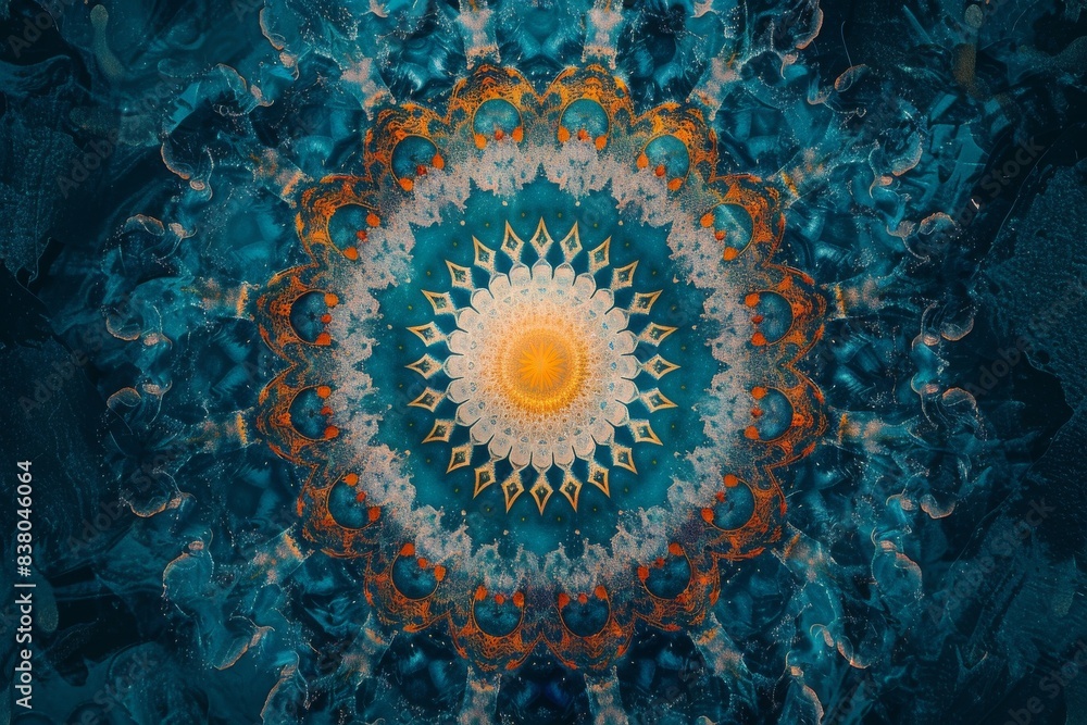 Poster intricate mandala design with vibrant colors and detailed patterns, creating a mesmerizing and symme