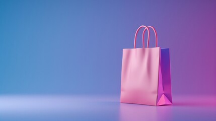 Minimalist pink shopping bag on a gradient purple and blue background, perfect for retail, shopping, and marketing concepts. 3D Illustration.