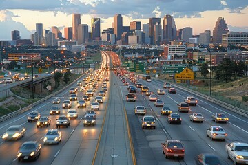 Evening Commute on a Highway With Houston City Skyline in the Background