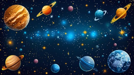 breathtaking view colorful galaxy space and planets set on dark background illustration, colorful planetary satellites on a black background