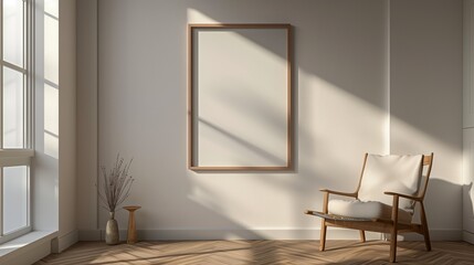 A serene study room with light wood accents and a comfortable chair, featuring an empty frame on the wall for motivational quotes or personal goals.