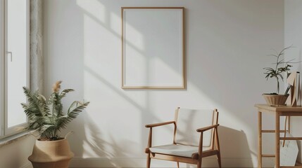A serene study room with light wood accents and a comfortable chair, featuring an empty frame on the wall for motivational quotes or personal goals.