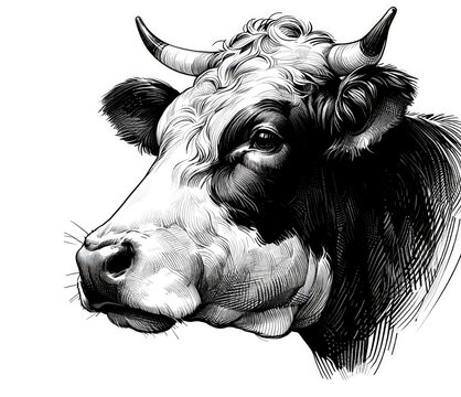 recommend clip art: Cow, bull head. Vintage retro print, black white cow sketch ink pencil style drawing, engrave old school. Sketch artwork silhouette head cow, white background. Side view profile. Illustration